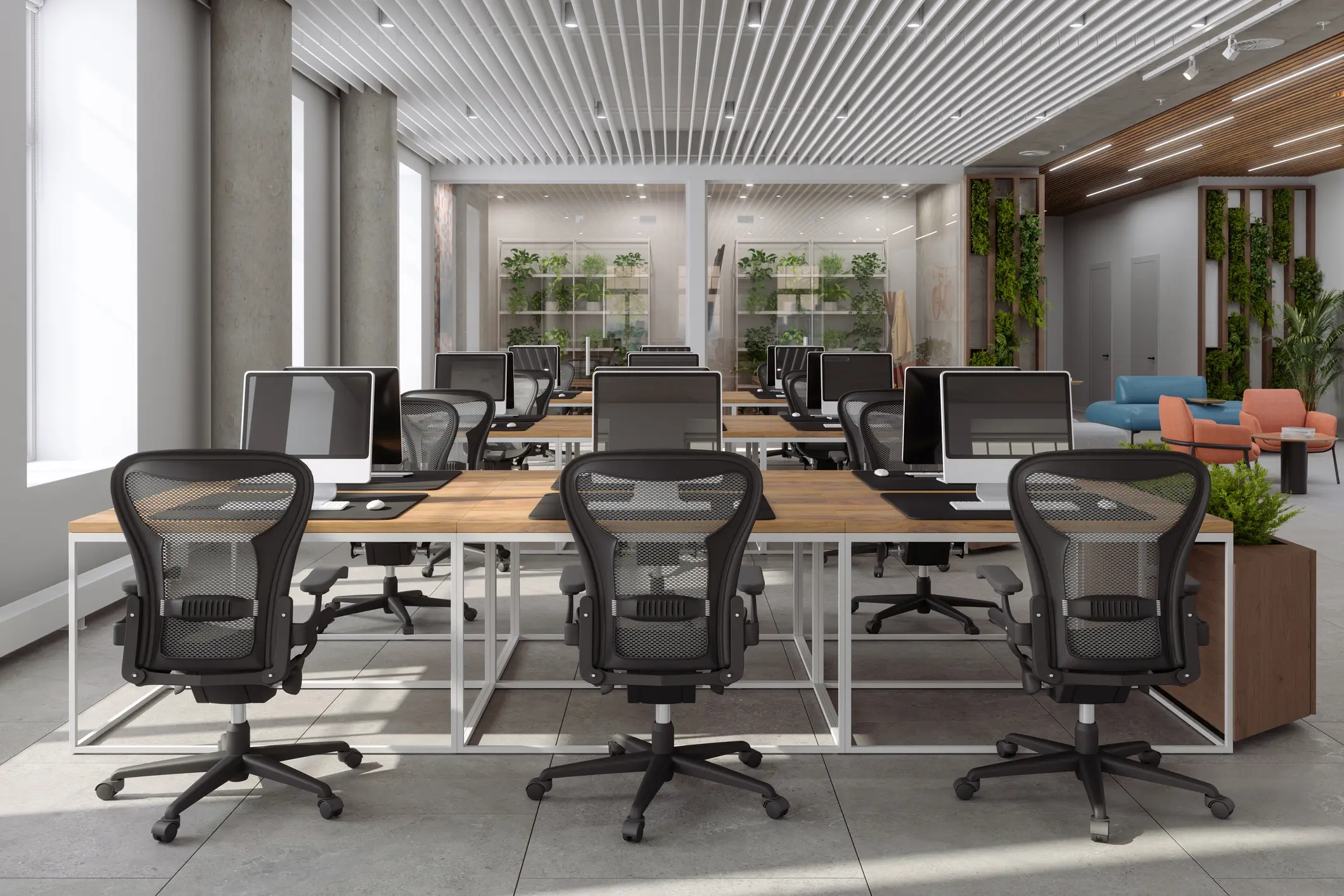 Open-plan office with ergonomic chairs