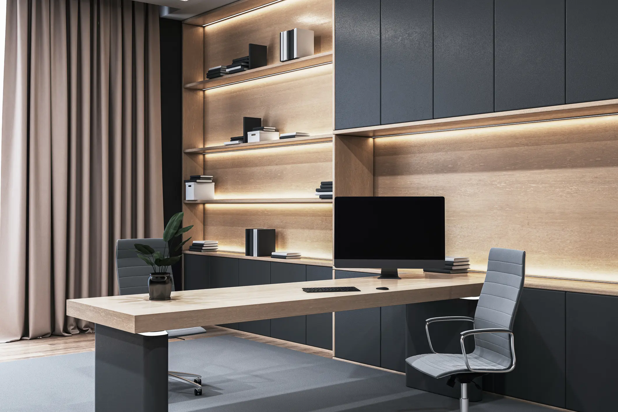 Minimalist workspace with shelves and desk