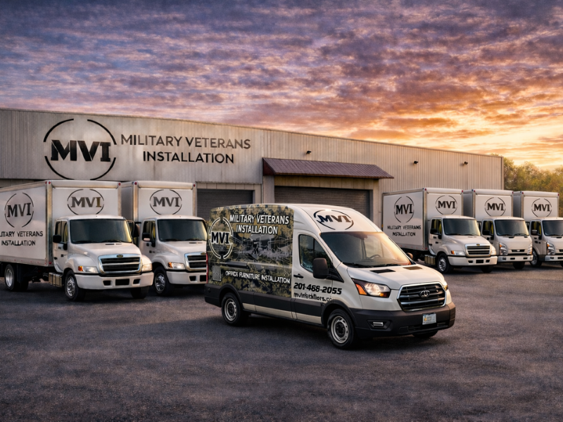Military Veterans Installation vans parked during sunset with one in motion.